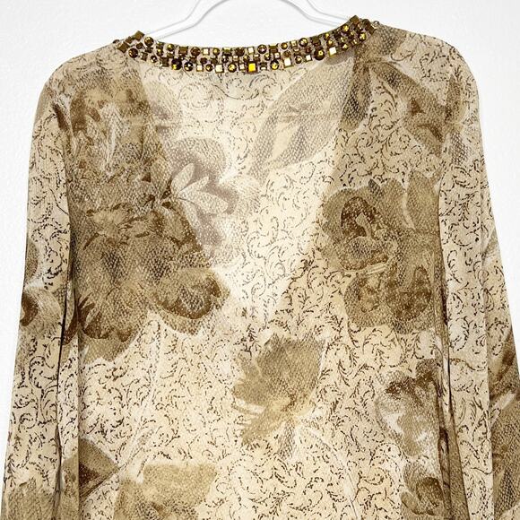 CHICO'S Silk Rhinestone Bead Embellished Sheer Tunic Blouse Top Womens Medium - Picture 4 of 8
